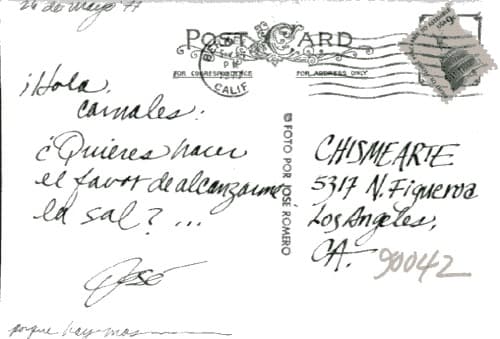 The Nixon Interviews — Postcard addressed to ChismeArte, 5317 N. Figueroa, Los Angeles CA 90042, dated 14 de Mayo 1977, 1977.