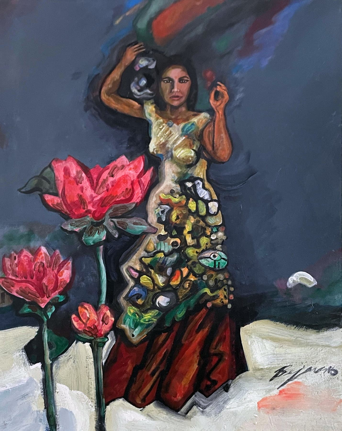 Painting, by William Marquez Bejarano titled A Woman Carrying Water, acrylic, 24 × 30 in, 2004.