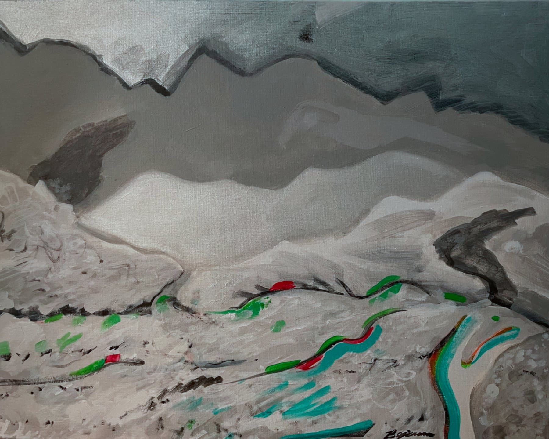 Apache Mountains Silver. My land of the Sonora Desert. Grey ridgelines with sudden green and red incident along the floor of the valley.