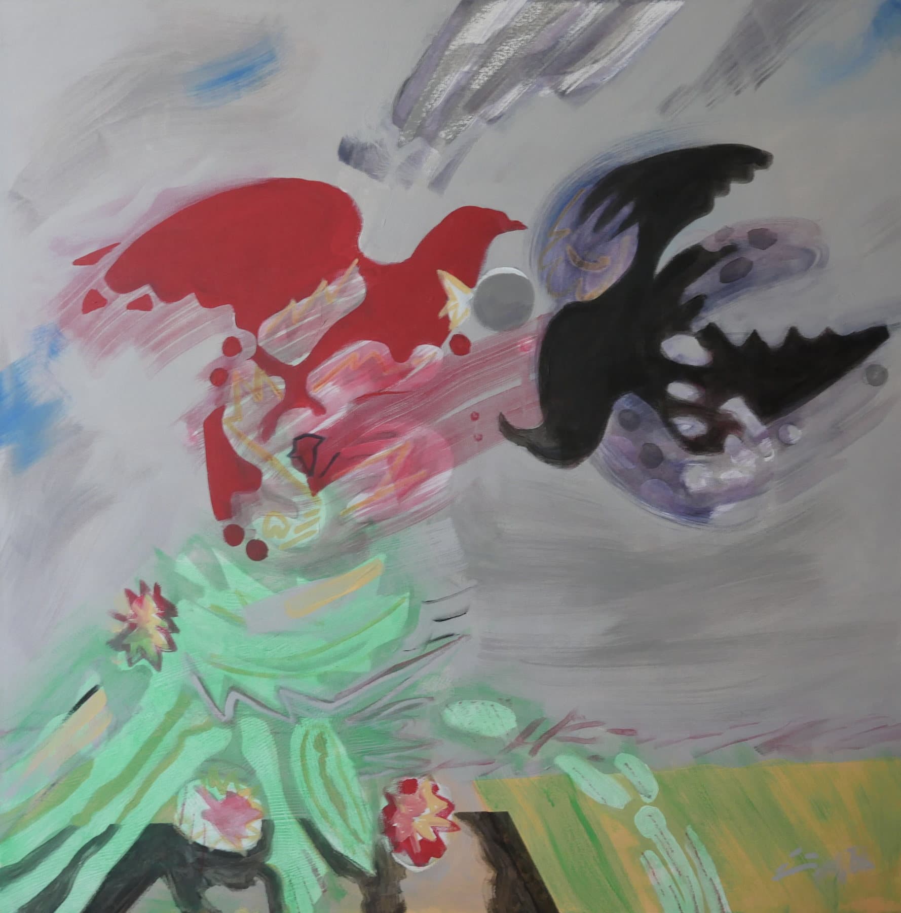 Birds in Flight. One of the most recent paintings — birds dissolving into a wash of red and green.