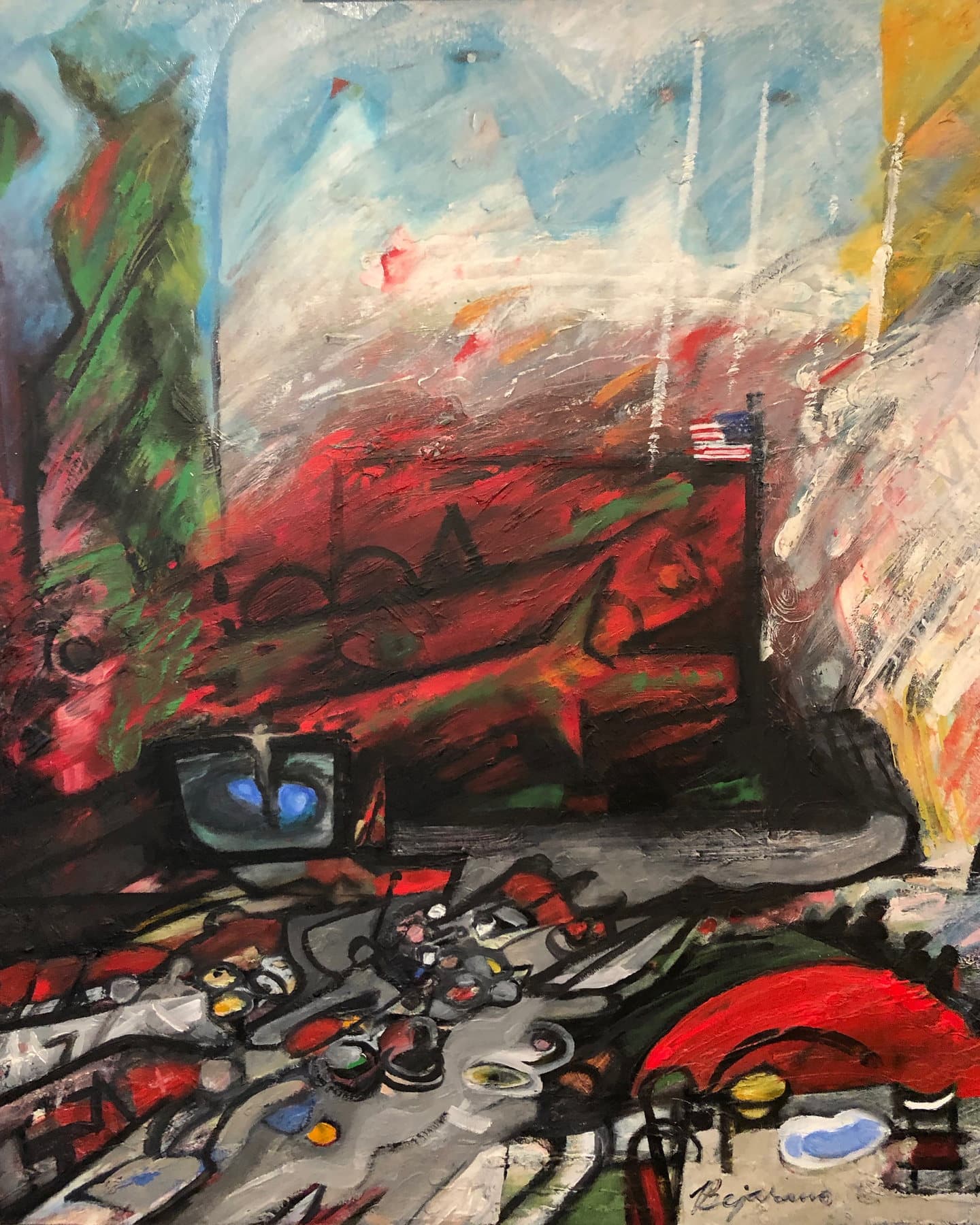 Painting, by William Marquez Bejarano titled Crisis on Main Street, oil, 24 × 30 in, 1997.