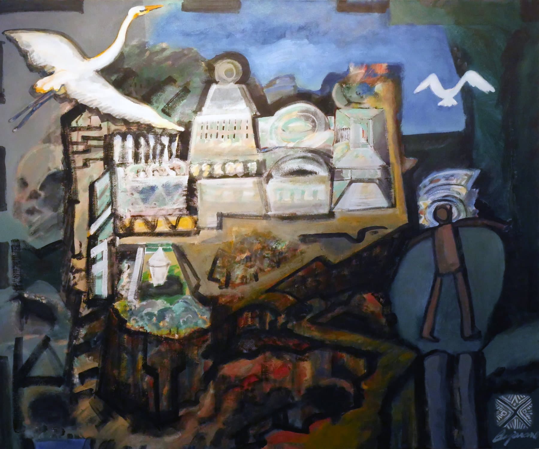 Painting, by William Marquez Bejarano titled Journey to the Mythical Land of Aztlán, acrylic on canvas, 36 × 42 in.