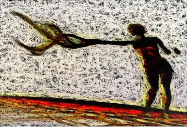 Digital work, by William Marquez Bejarano titled La Baile, digital print on metal, 10 × 14 in, 2023.