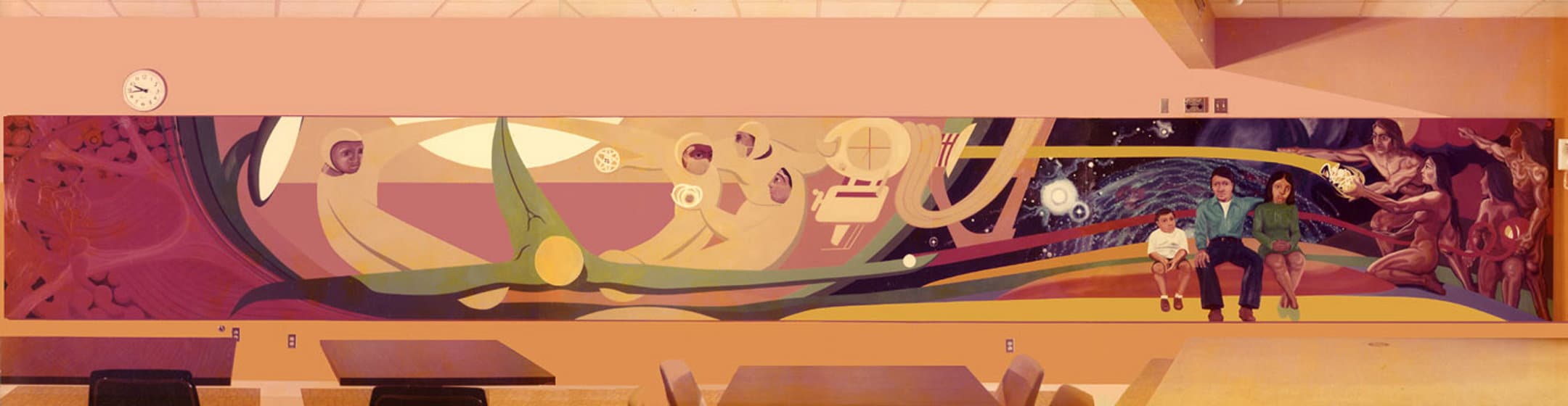 Mural, by William Marquez Bejarano titled Micro / Macro Medical Science, 48 × 480 in (4 × 40 ft), 1972.