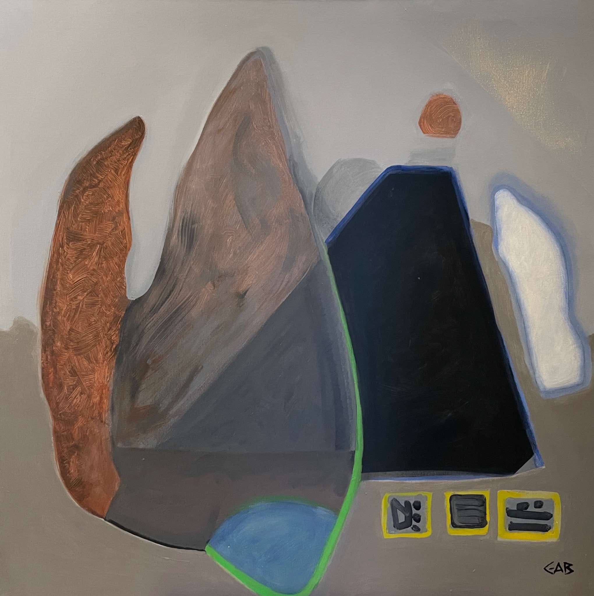 Montaña de Mineras. The mining mountain rendered as flat interlocking planes of rust, slate and bone.