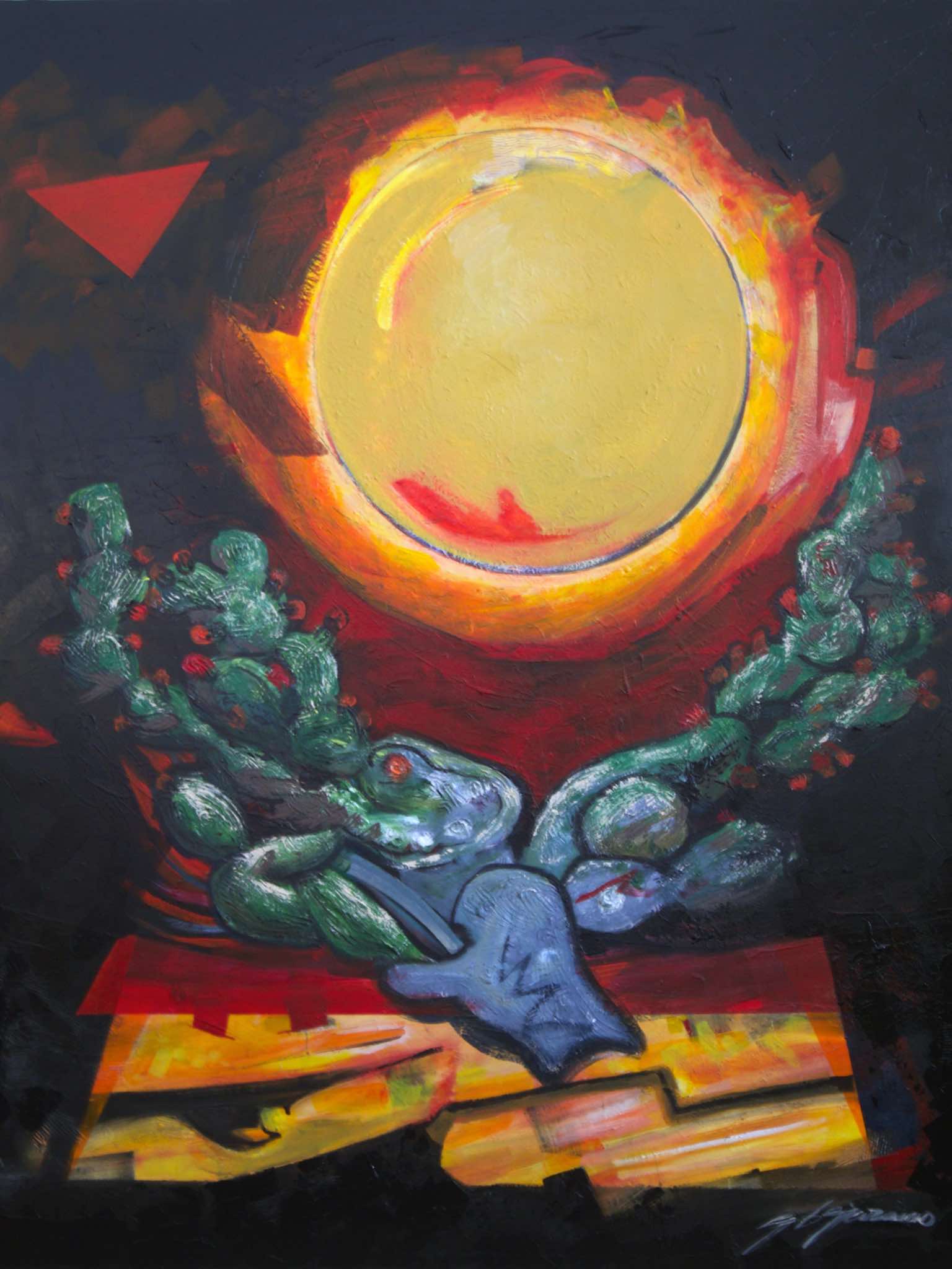 Sol y Tierra. The sun as a molten disc over a cactus-strewn ground, with a reclining blue figure at the centre.