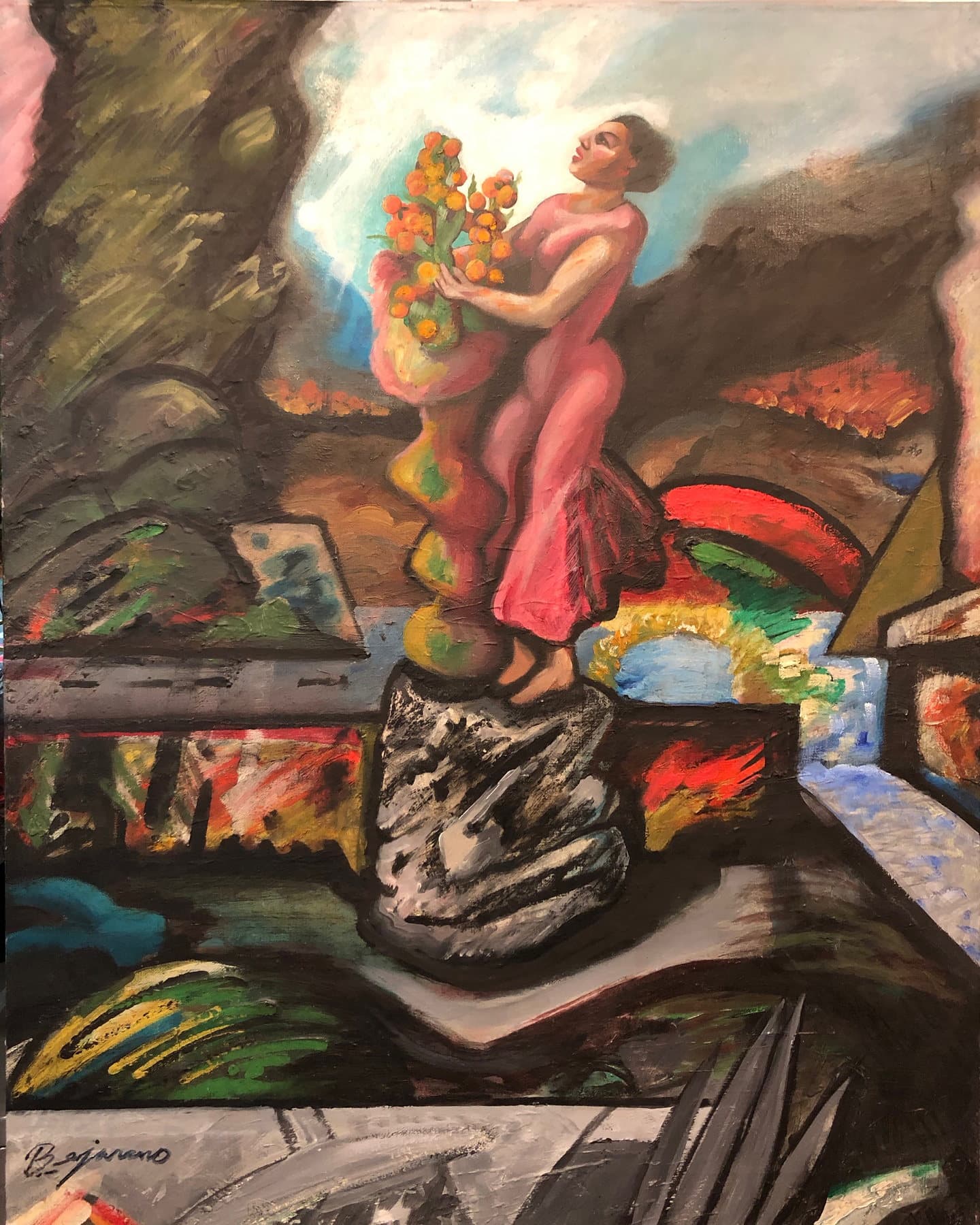 Painting, by William Marquez Bejarano titled Statue of Immigration, oil, 24 × 30 in, 1977.