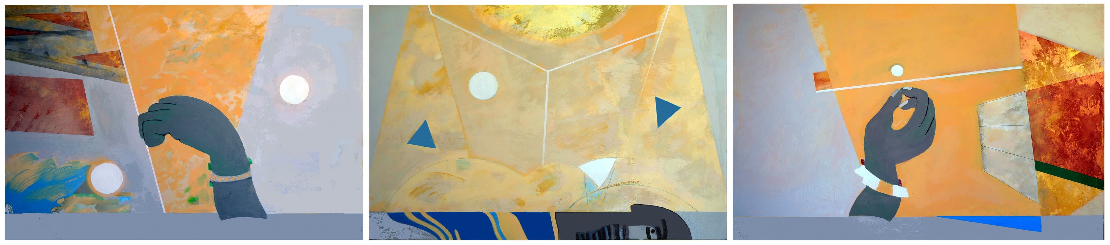 Tembo Base. A triptych in three panels — a hand reaching into water, a geometry of sun and earth, a hand holding the horizon. Painted in ochre and burnt gold over a blue band that runs the full length of the work.