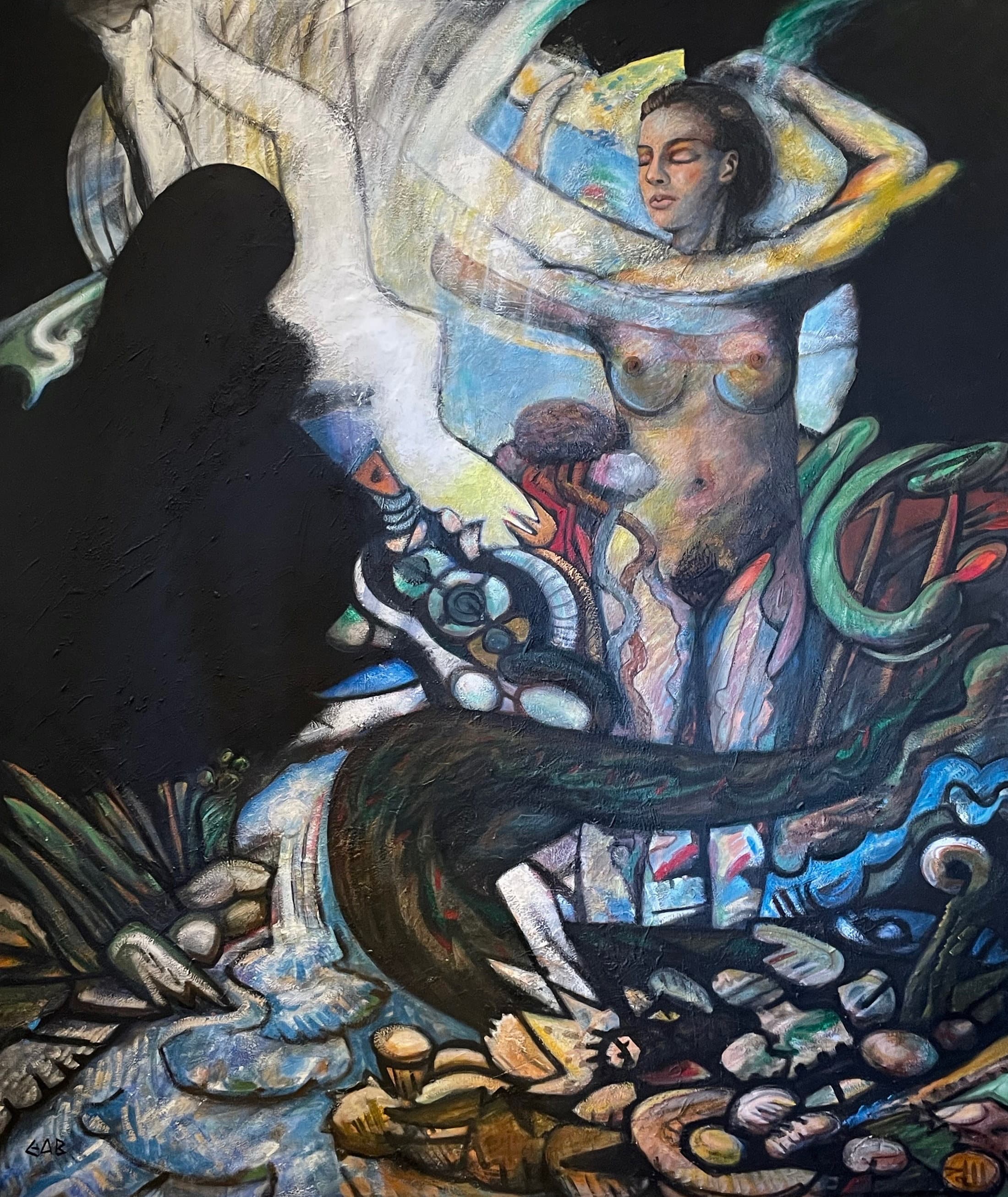 Woman by the Stream — Las Mujeres De La Cueva. The painting that Octavio Romano, publisher of Quinto Sol, answered with a poem. Romano's text is reproduced in full alongside the work.